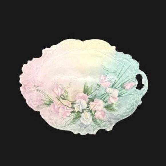 Vintage Limoges France Floral Sweet Pea Gold Trimmed Oval Platter - Picture 9 of 11